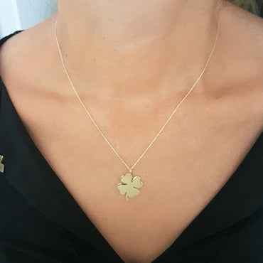 14K Real Solid Gold Elegant Four Leaf Clover Charm Dainty Trendy Pendant Necklace for Good Luck Best Birthday Gift for Lucky Women