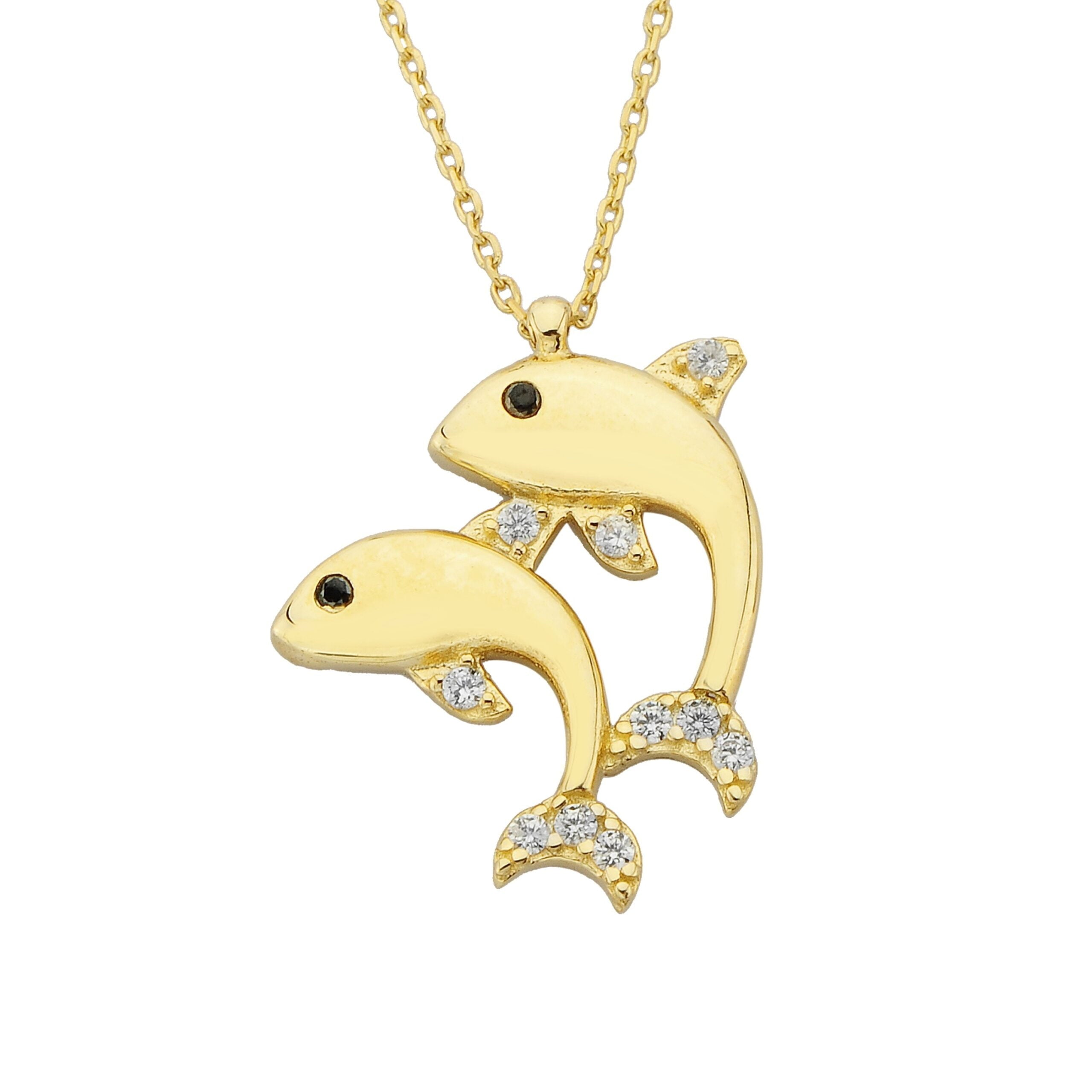 Double Dolphin Pendant Necklace for Women 14k Real Solid Gold | Charm Dainty Good Luck jewelry Birthday Mother's Day Christmas Gift