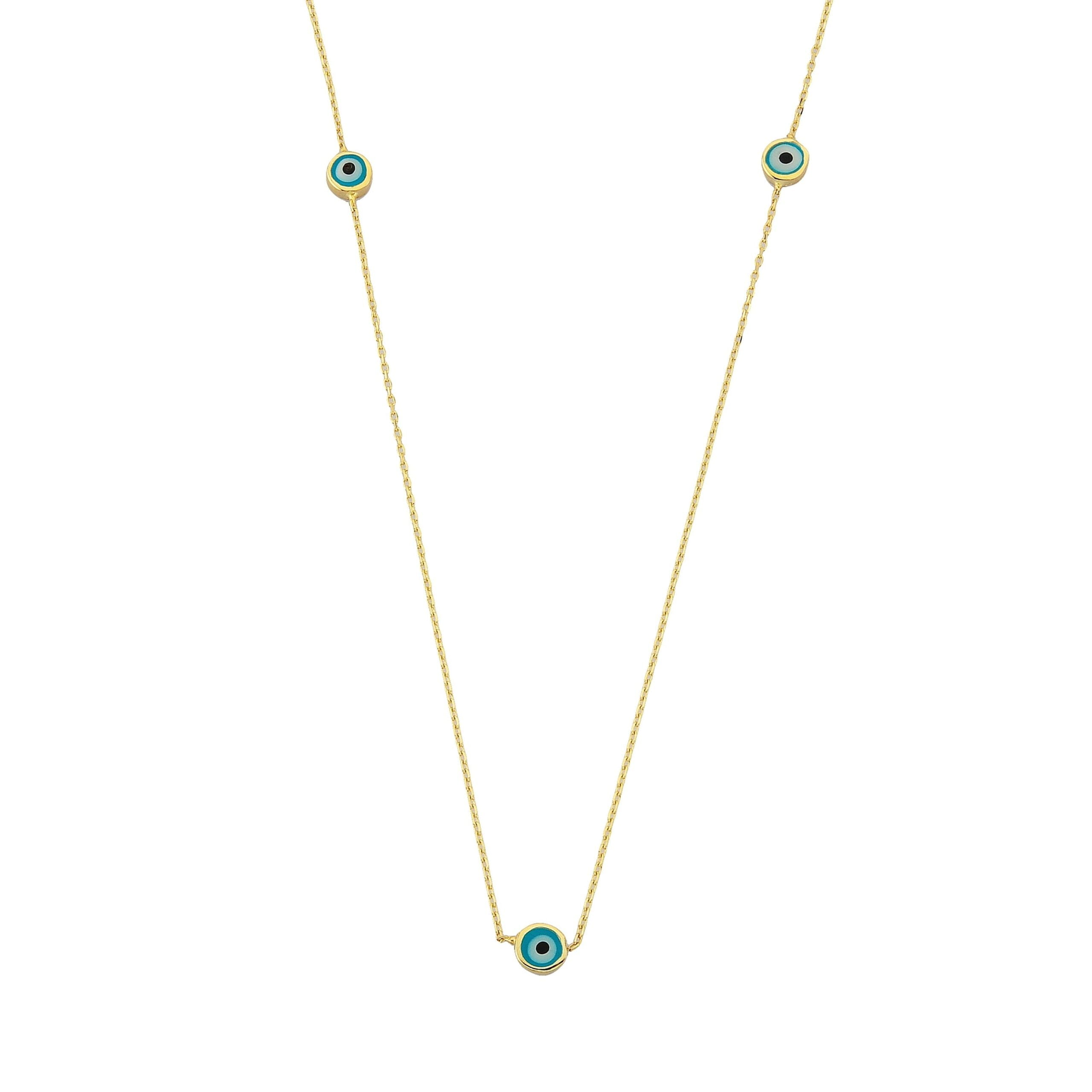 Evil Eye Trio Pendant Necklace Lucky Turkey Nazar Protection For Women Handmade Jewelry 14K Yellow Gold Charm Elegant Dainty Navy Blue Or Turquoise