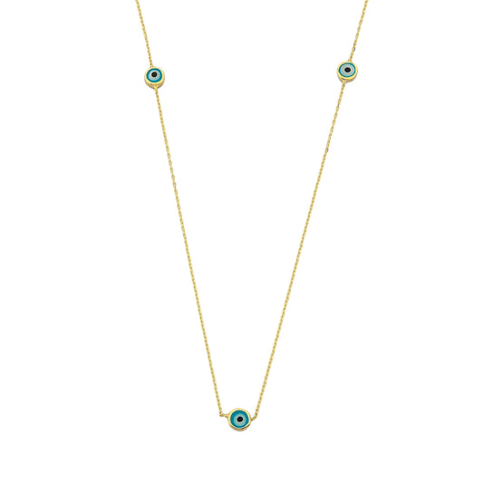Evil Eye Trio Pendant Necklace Lucky Turkey Nazar Protection For Women Handmade Jewelry 14K Yellow Gold Charm Elegant Dainty Navy Blue Or Turquoise