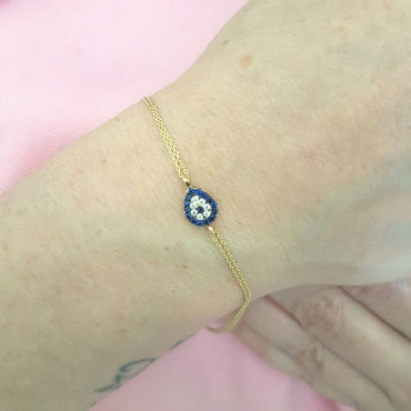 teardrop Evil Eye 14K Solid Gold Eye Drop Design with Navy Blue and White Zirconia Stones Tiny, Dainty,Delicate and Trendy Bracelet best gift for women