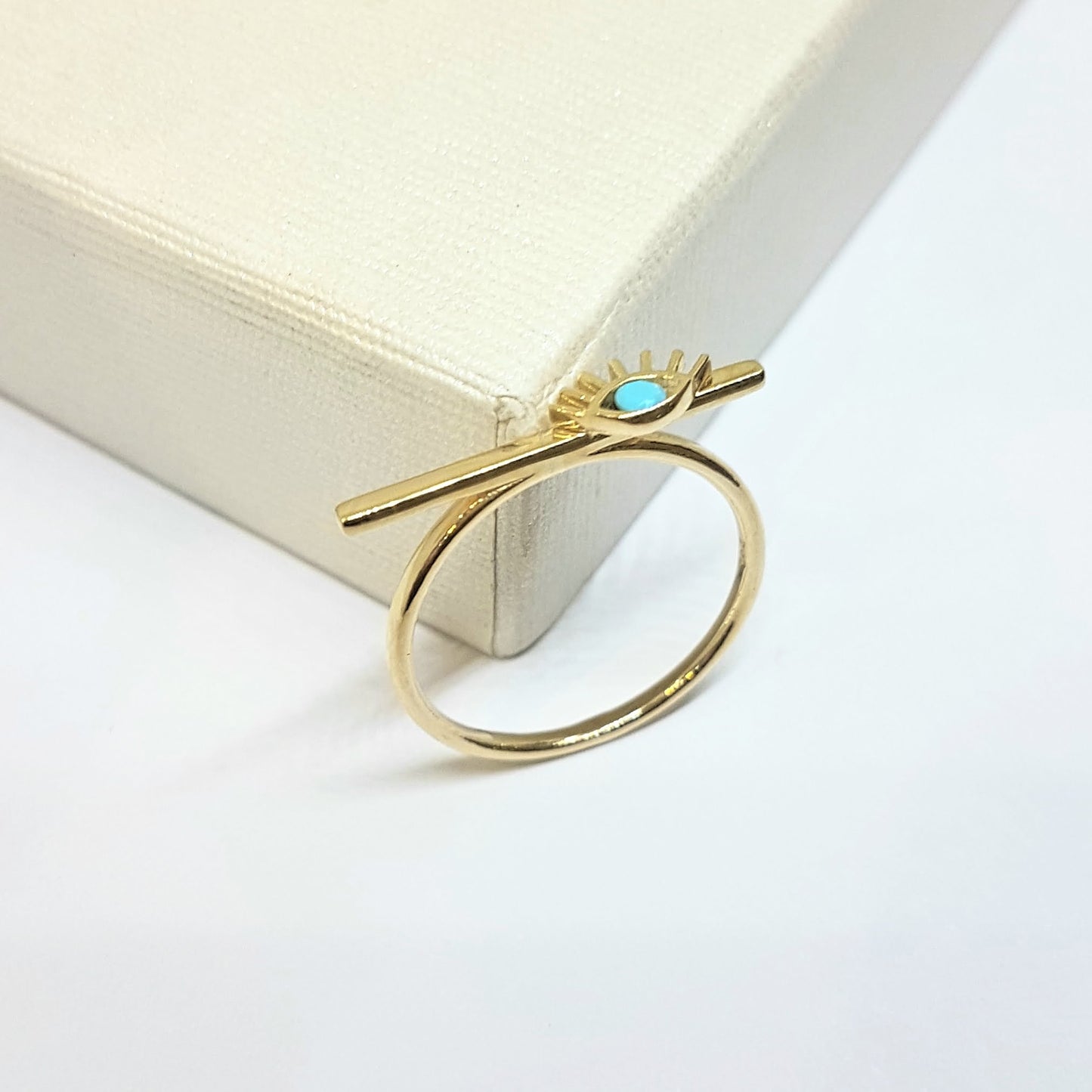 Eyelash Design with Turquoise Stone on Long Bar Ring for Women 14K Real Solid Gold December Birthstone Jewelry