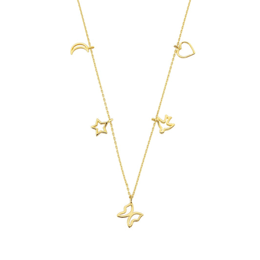 Good Luck Lucky Charm Pendant Necklace for Women 14K Real Solid Gold with Butterfly Star Moon Heart Swallow Pieces Birthday Christmas Mother's Day Gift Jewelry
