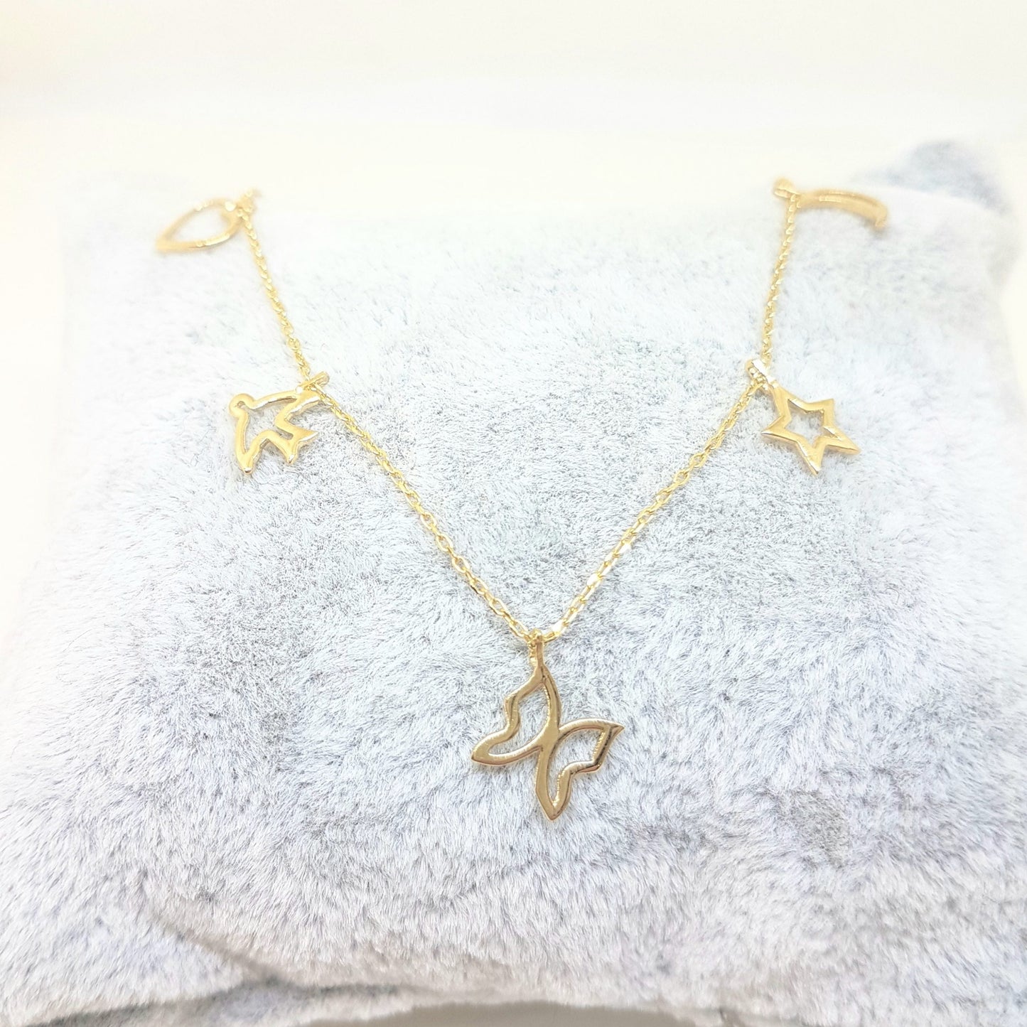 Good Luck Lucky Charm Pendant Necklace for Women 14K Real Solid Gold with Butterfly Star Moon Heart Swallow Pieces