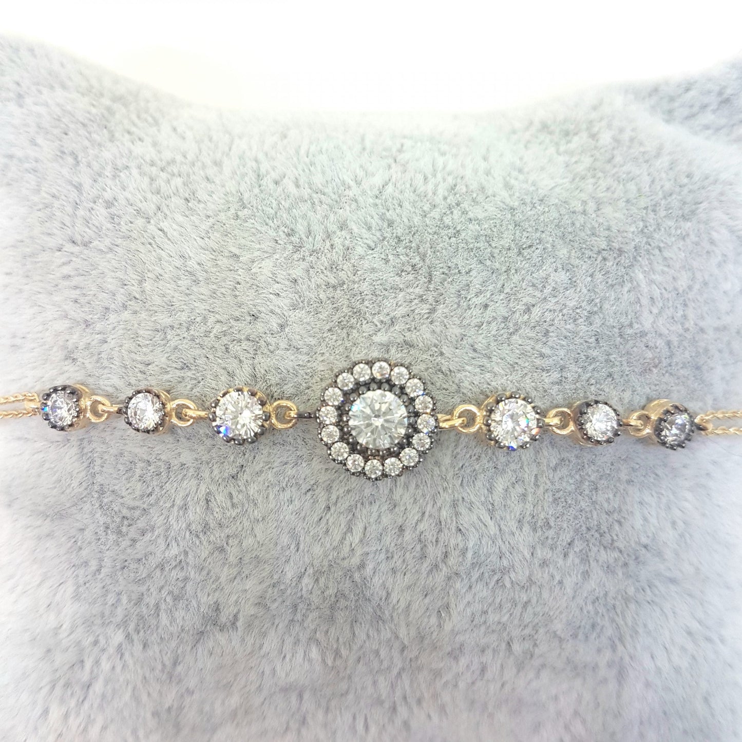 Round Halo Bracelet 14K Real Solid Yellow Gold Dainty Charm Diamond Style with Zirconia Stones for Women