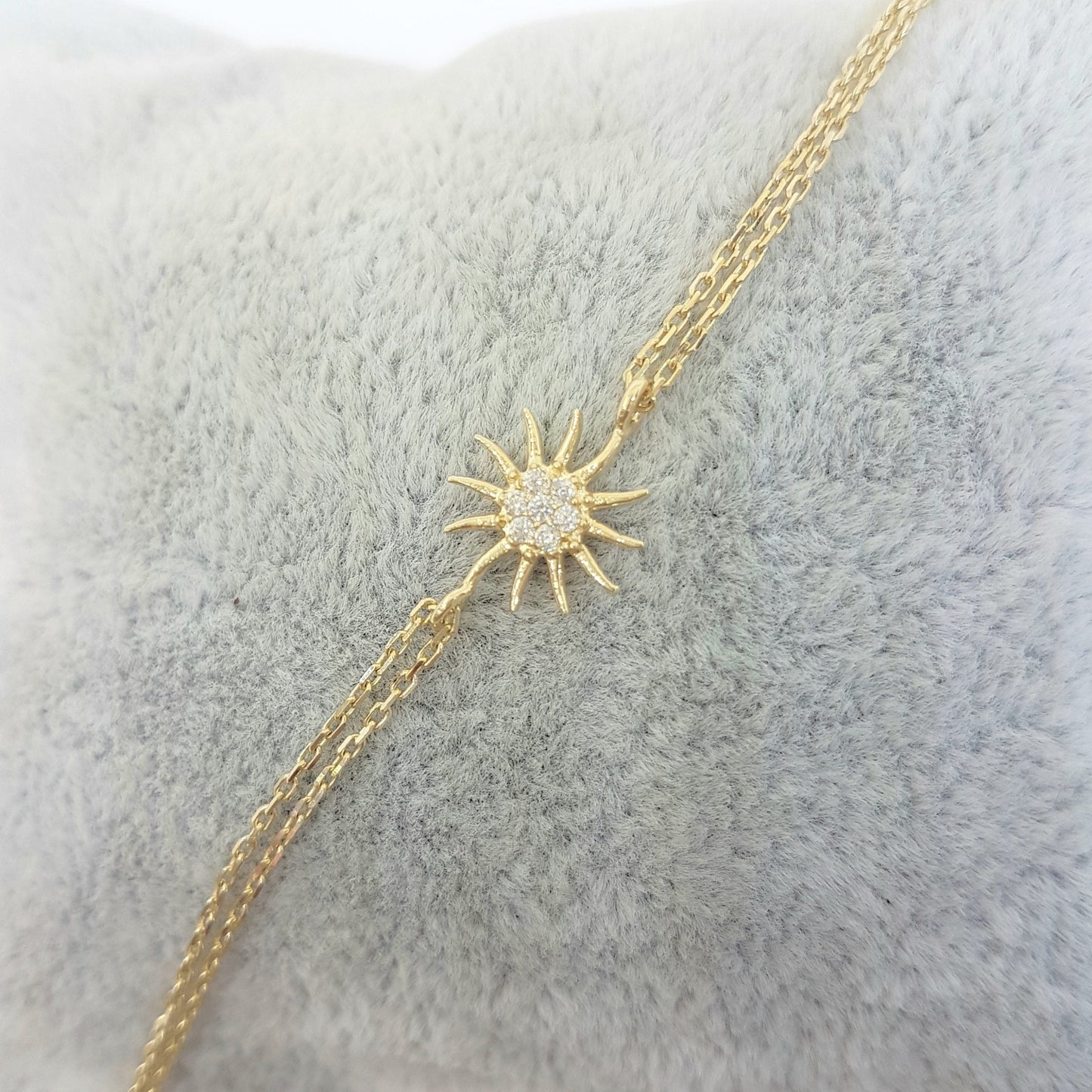 14K Real Gold Sun Shaped Decorated with Zirconia Stones Cute Dainty Delicate Charm, Initial and Trendy Bracelet The best way to say You are my sun shine for women jewelry girlfriend wife mom