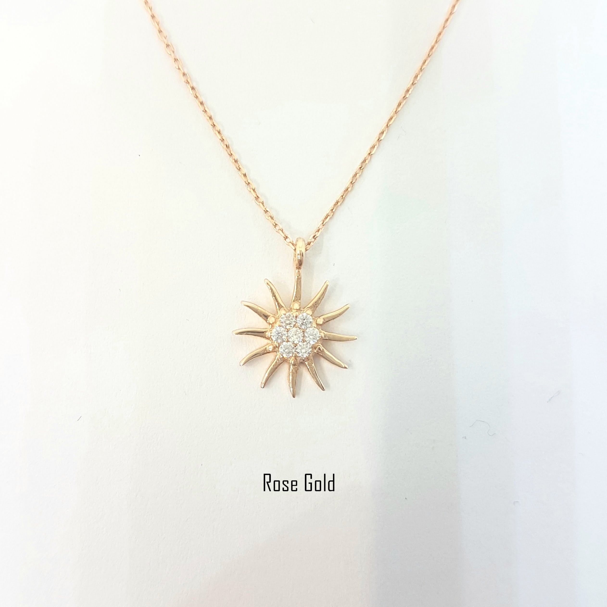 14K Gold Sun Shaped Decorated with Zirconia Stones Tiny Dainty Delicate Charm Trendy Pendant Necklace The best way to say You are my sun shine for women