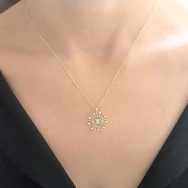 Turquoise Evil Eye Sun Pendant Necklace for Women December Birthstone 14K Real Solid Gold