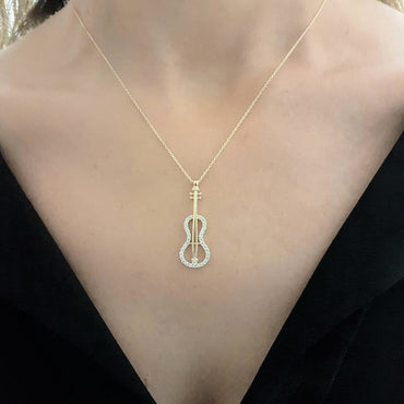 Violin Bass Guitar Charm Pendant Necklace 14K Real Gold Decorated with White Zirconia Stones Dainty Elegant for Women