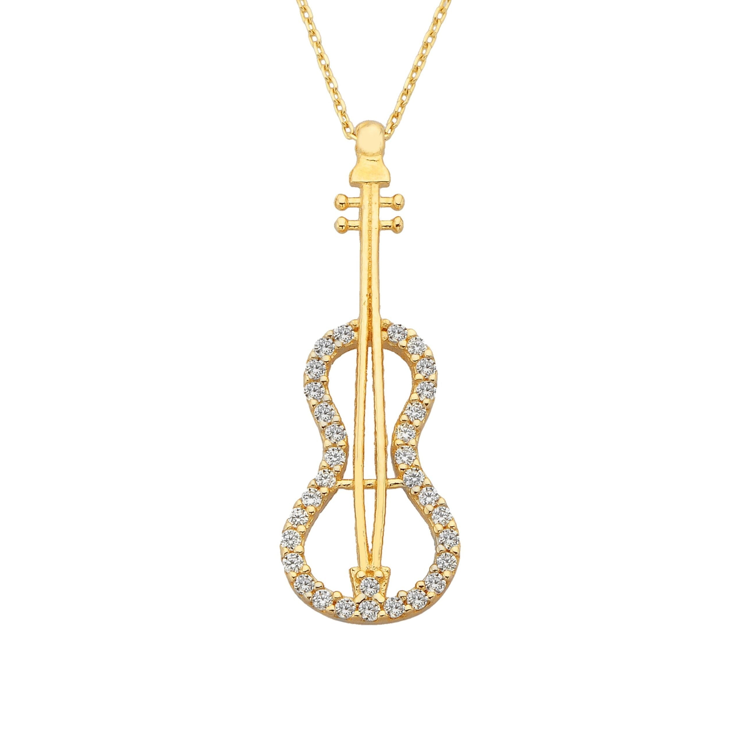 Violin Bass Guitar Charm Pendant Necklace 14K Real Solid Gold Decorated with White Zirconia Stones Dainty Elegant for Women Birthday Christmas Mother's Day Gift jewelry.