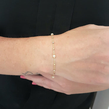 14K Real Solid Gold Bracelet Beaded Pearls and Italian Balls Design Best Birthday Gift for Women Mother Wife Girlfriend