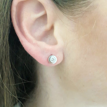 Round Bezel Stud Earrings with Zirconia Stone 14K White Solid Gold Charm Dainty Jewelry for Women