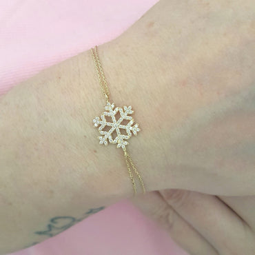 14K Real Solid Gold Snowflake Design with White Zirconia Stones Cute Elegant Dainty Charm Delicate Trendy Bracelet Best Birthday Gift for Women Jewelry