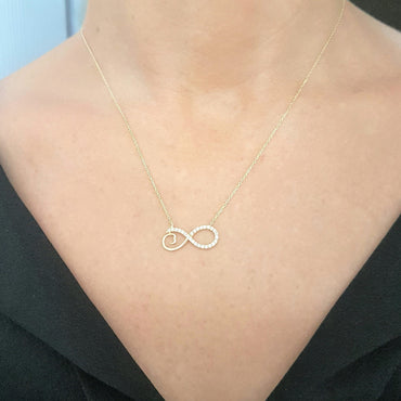 14K Real Solid Gold Infinity Forever Design with White Stones Love Charm Elegant Dainty Delicate Trendy Cute Pendant Necklace best birthday gift Women Jewelry girlfriend