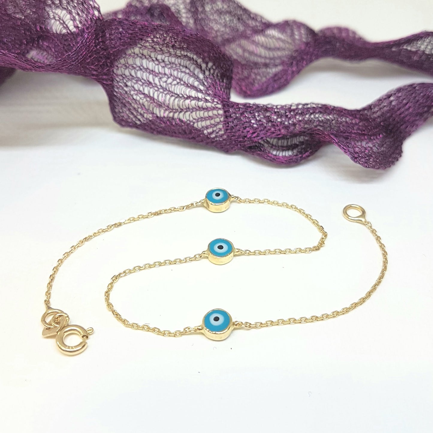Evil Eye Bracelet Triple Lucky Luck Nazar Protection For Women Jewelry 14K Yellow Gold Charm Dainty Navy Blue or Turquoise