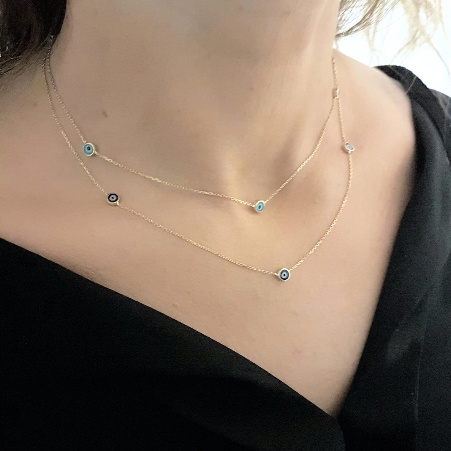 Evil Eye Trio Pendant Necklace Lucky Turkey Nazar Protection For Women Handmade Jewelry 14K Yellow Gold Charm Elegant Dainty Navy Blue Or Turquoise