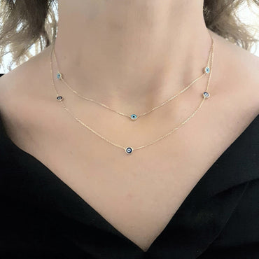 Evil Eye Trio Pendant Necklace Lucky Turkey Nazar Protection For Women Handmade Jewelry 14K Yellow Gold Charm Elegant Dainty Navy Blue Or Turquoise