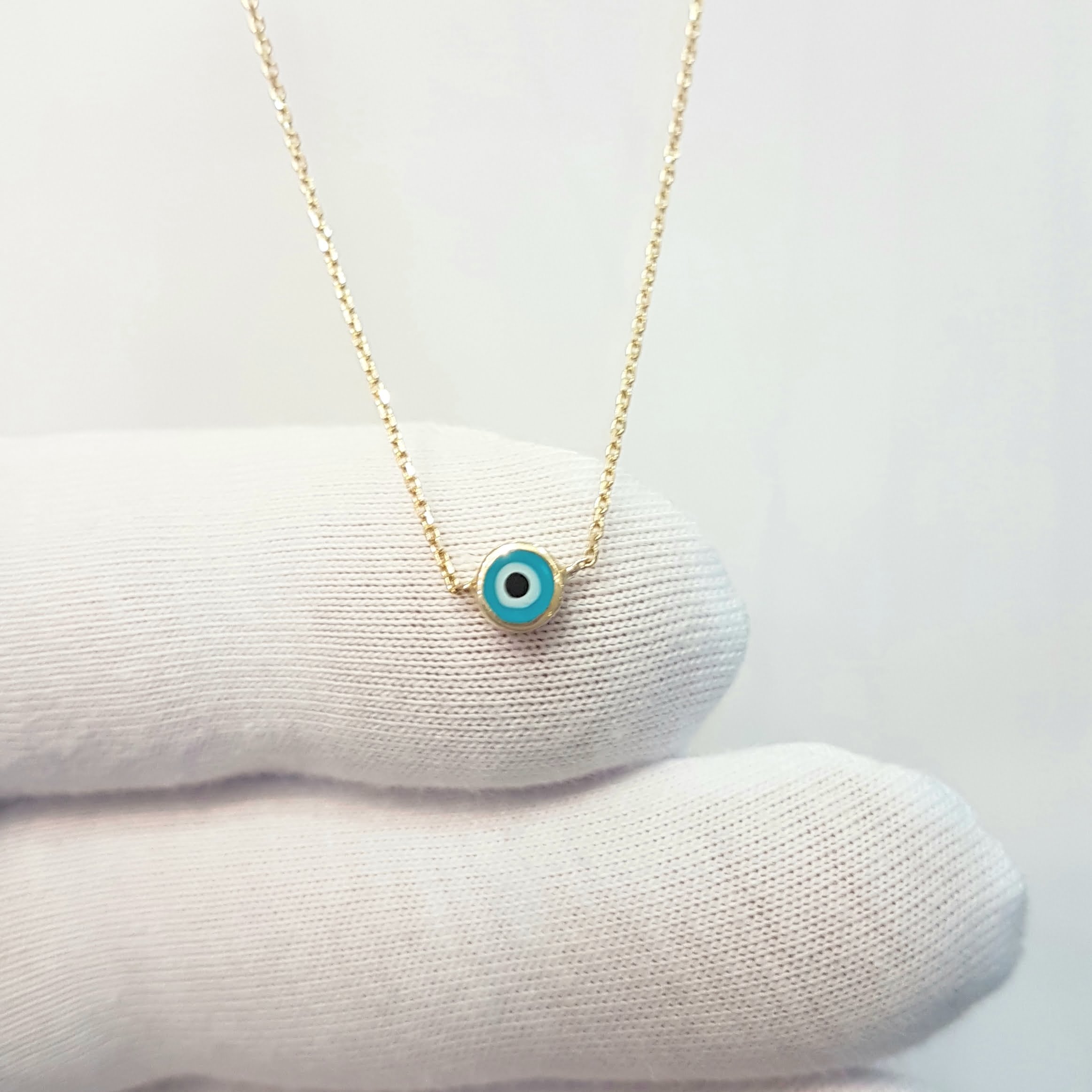 Evil Eye Single Pendant Necklace Lucky Turkey Nazar Protection For Women Jewelry 14K Yellow Gold Charm Dainty Navy Blue or Turquoise