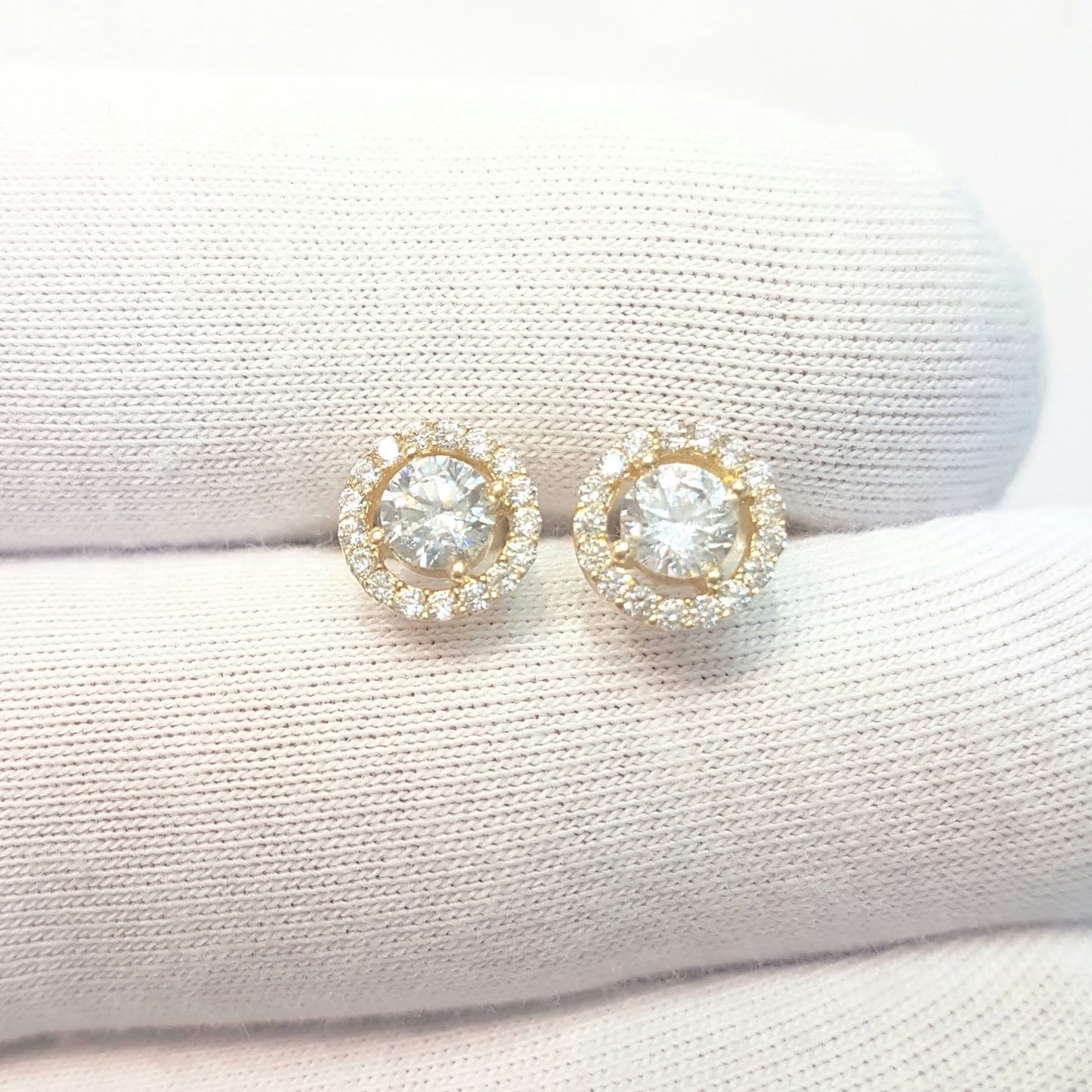 Solitaire Round with Halo Stud Earrings for Women 14K Real Solid Gold Cubic Zirconia Stones