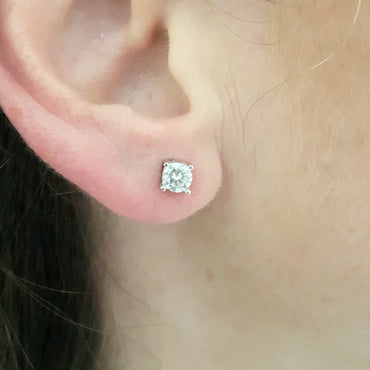 Solitaire Stud Earrings 14K Real Solid White Gold with Cubic Zirconia Round Cut Charm Dainty Handmade for Women Jewelry