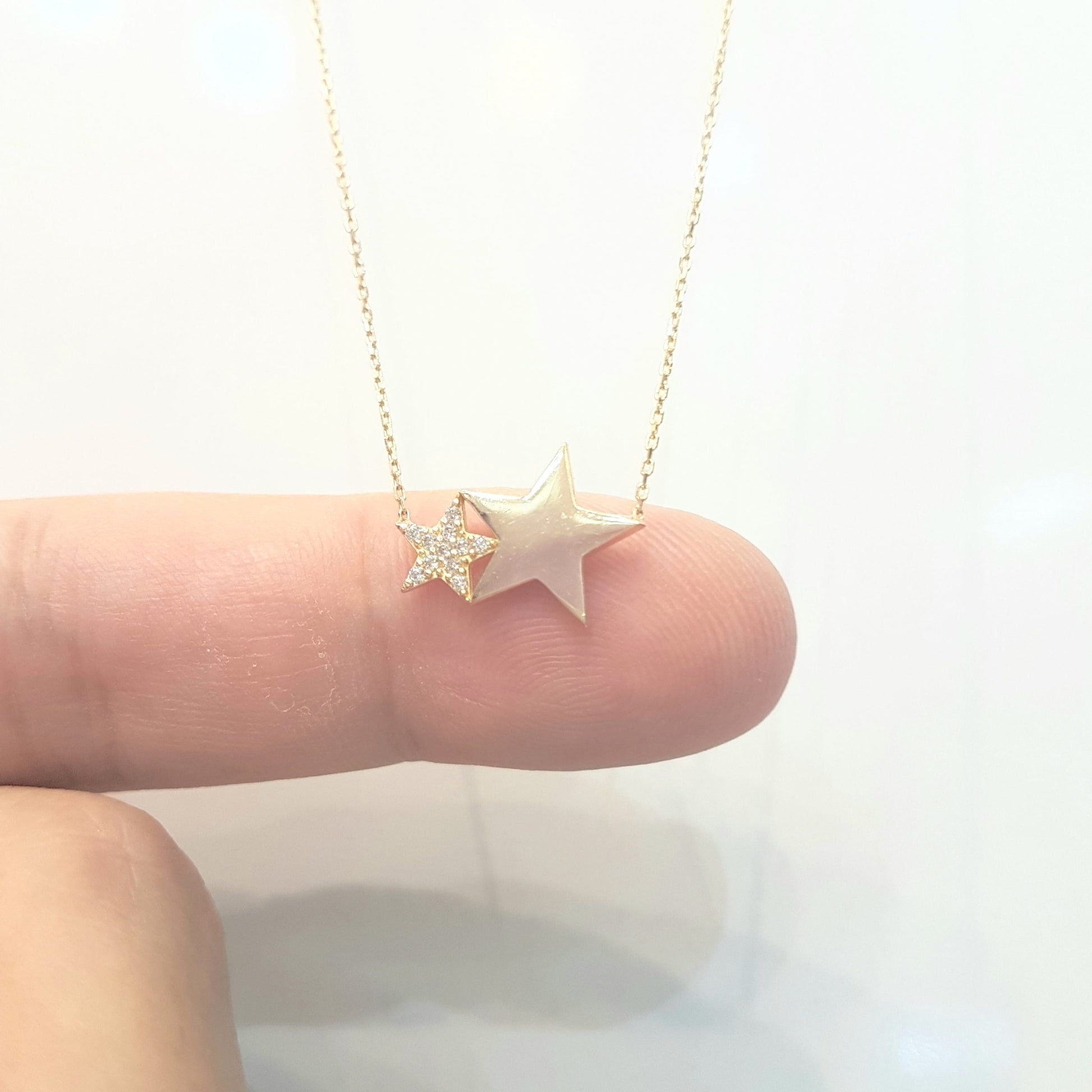 14K Gold Two Stars Design Dainty Delicate Cute Initial Charm Trendy Pendant Necklace (Choice of Gold Colors and Length) for women jewelry girlfriend mom birthday gift