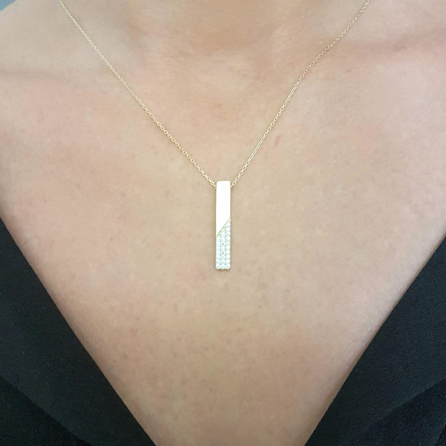 14K Real Gold Vertical Coordinate Bar Design with Diomand Cut Zirconia Stones Dainty Charm Elegant Cute Trendy Pendant Necklace Best Birthday Gift for Women Jewelry girl friend mother mom grandma