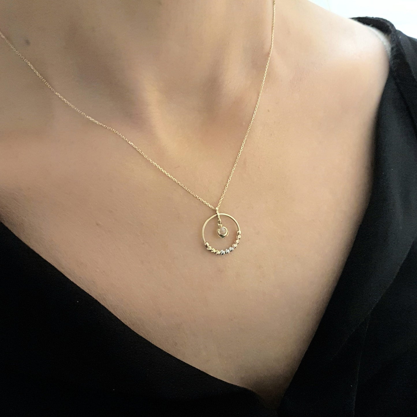 14K Gold Circle Ring With Itallian Balls and Swinging Cubic Zirconia Stone Pendant Necklace for Women Turkish Handmade Jewelry