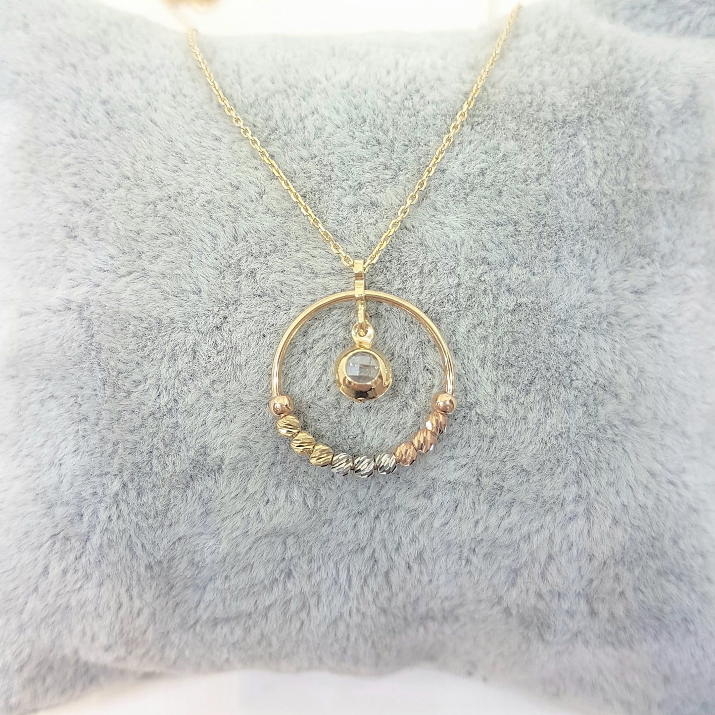 14K Gold Circle Ring With Itallian Balls and Swinging Cubic Zirconia Stone Pendant Necklace for Women Turkish Handmade Jewelry