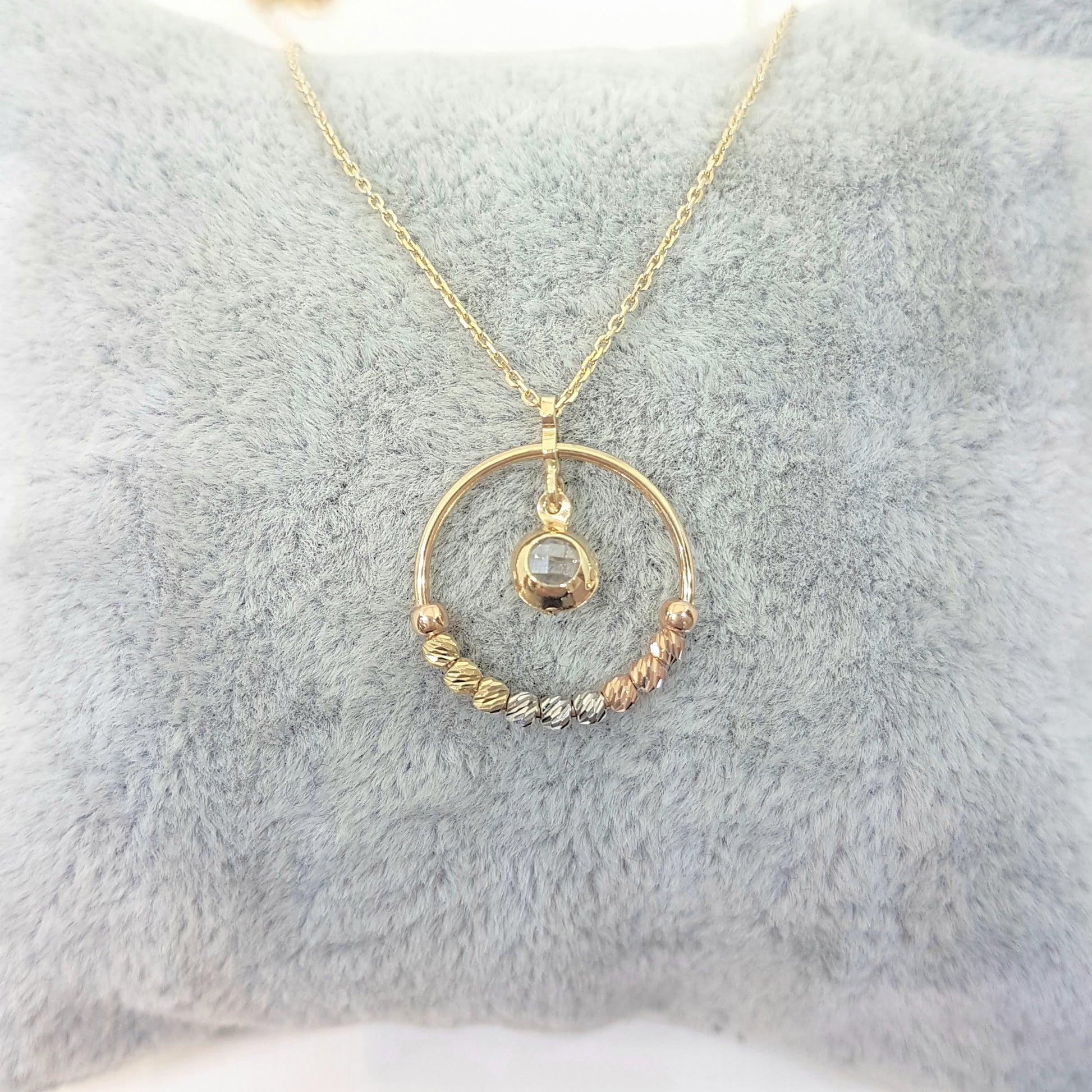 14K Gold Circle Ring With Itallian Balls and Swinging Cubic Zirconia Stone Pendant Necklace for Women Turkish Handmade Jewelry