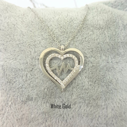 14K Gold Double Heart Love Lifeline Pulse EKG Heartbeat Pendant Necklace Decorated with Zirconia Stones Charm Elegant Dainty Birthday Valentine Christmas Gift For Women Jewelry