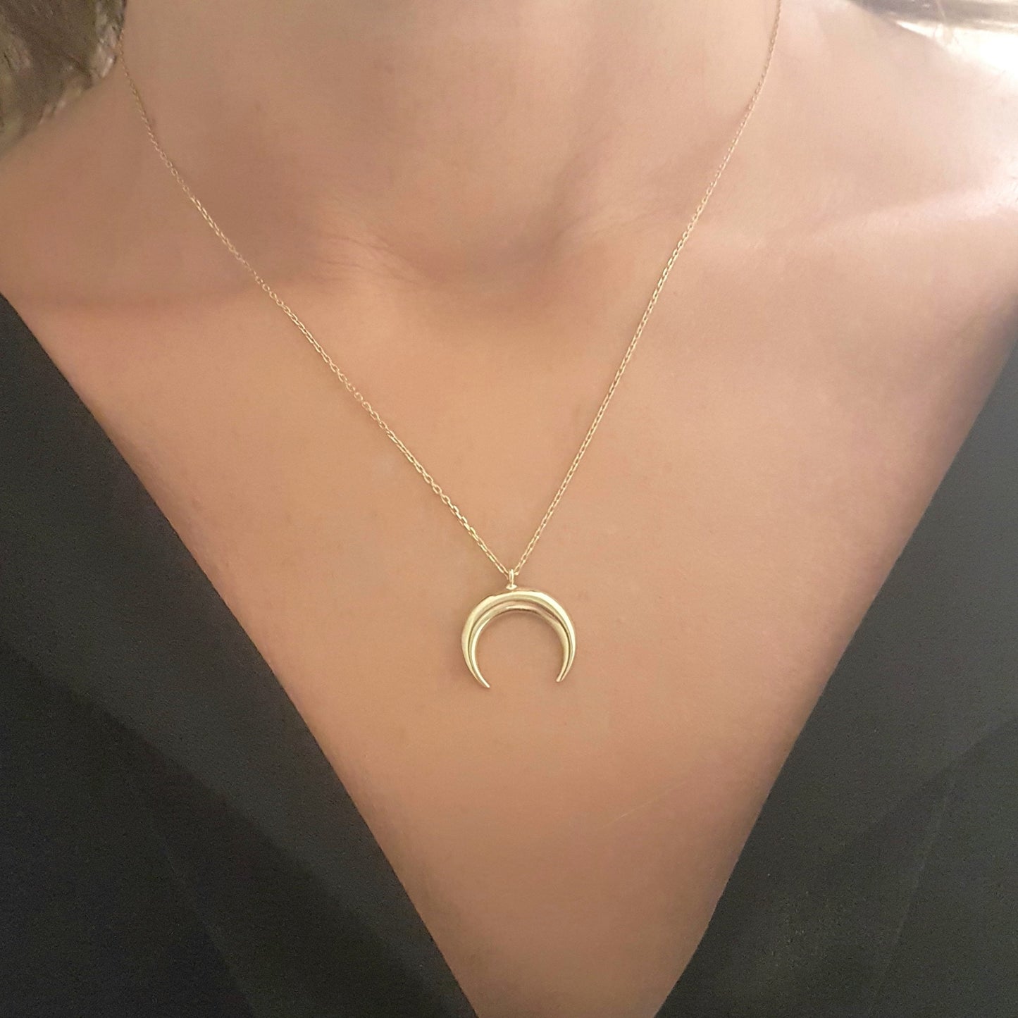 14K Gold Elegant Crescent Moon Double Horn Half Phase Moon Claw Style Charm Danity Delicate Trendy Pendant Necklace Best Birthday Gift for Women