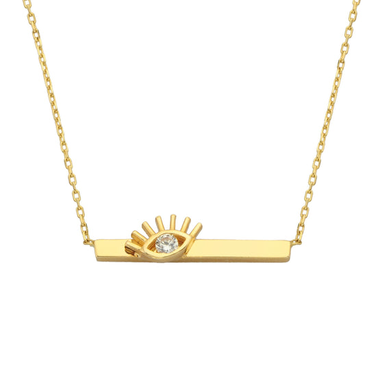 14K Gold Evil Eye Dainty Charm Pendant Necklace Design Eyelash on Bar with Zirconia Stone for Women Lucky Jewelry Nazar Turkish Greek Protection