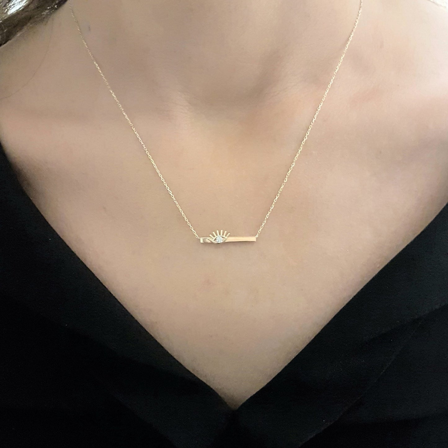 14K Gold Evil Eye Dainty Charm Pendant Necklace Design Eyelash on Bar with Zirconia Stone for Women Lucky Jewelry Hamsa Nazar Turkish Protection