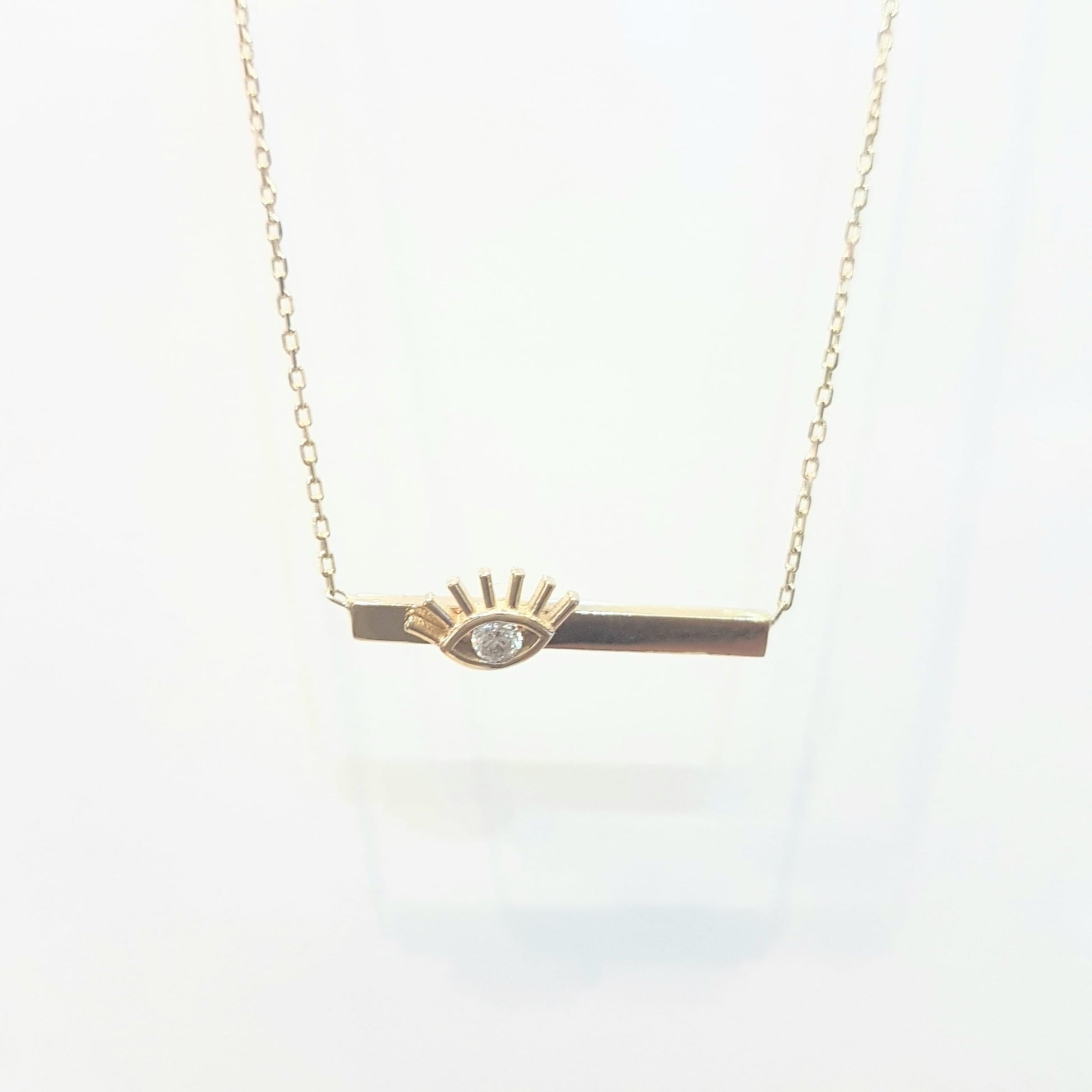 14K Gold Evil Eye Dainty Charm Pendant Necklace Design Eyelash on Bar with Zirconia Stone for Women Lucky Jewelry Hamsa Nazar Turkish Protection