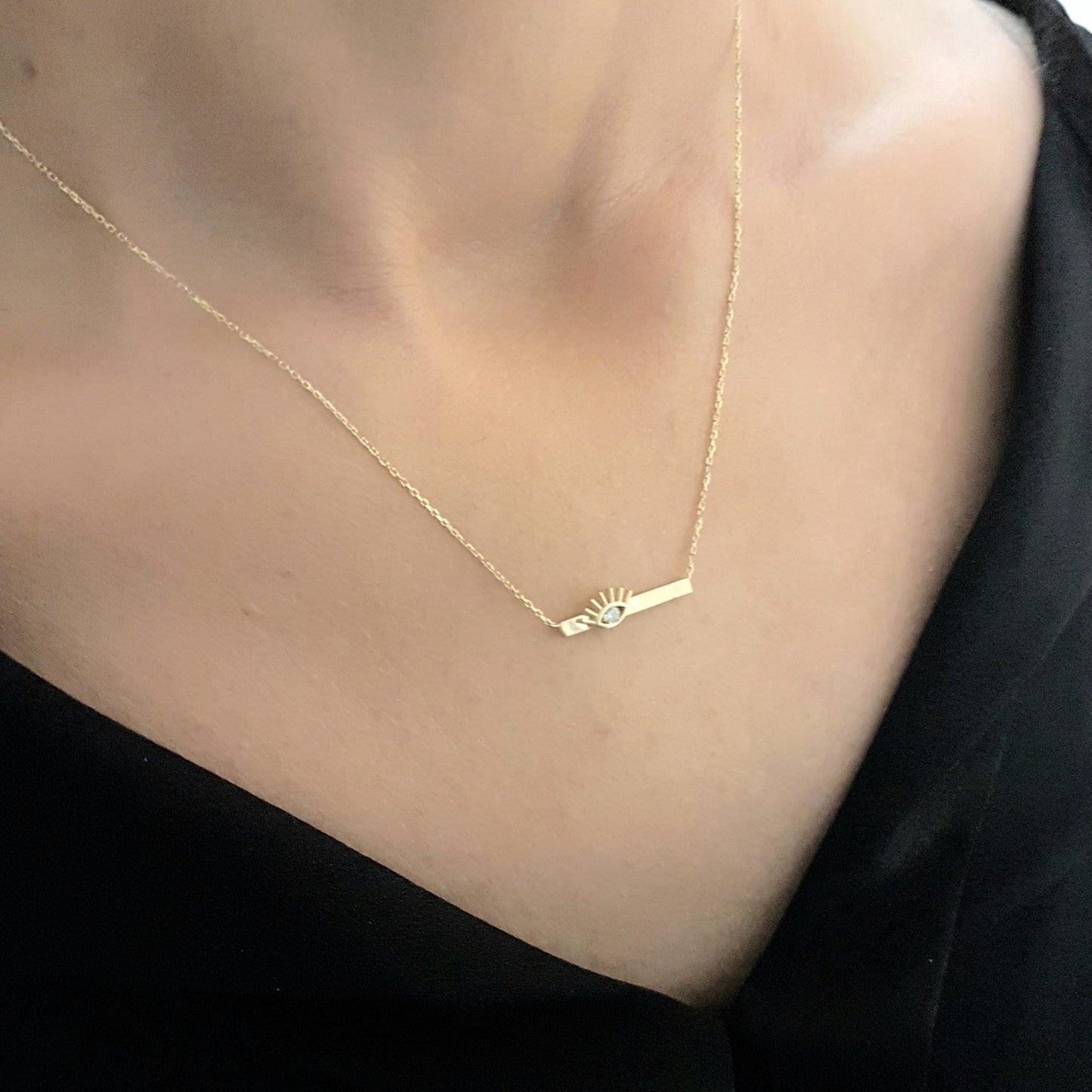 14K Gold Evil Eye Dainty Charm Pendant Necklace Design Eyelash on Bar with Zirconia Stone for Women Lucky Jewelry Hamsa Nazar Turkish Protection