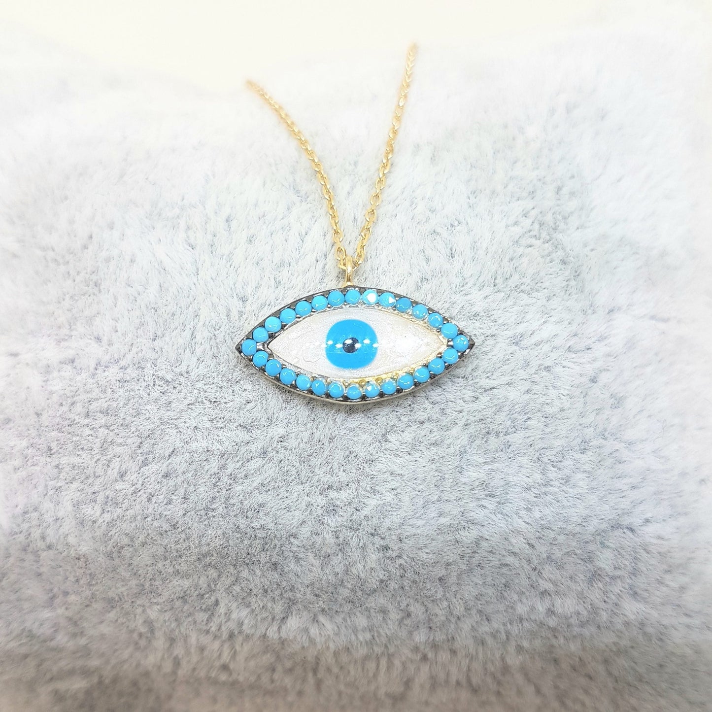 14K Real Solid Gold Lucky Evil Eye with Mother of Pearl Design Charm Dainty Delicate Trendy Turkish Evil Eye Cats Eye Faith Protection Pendant Necklace for Women Nazar