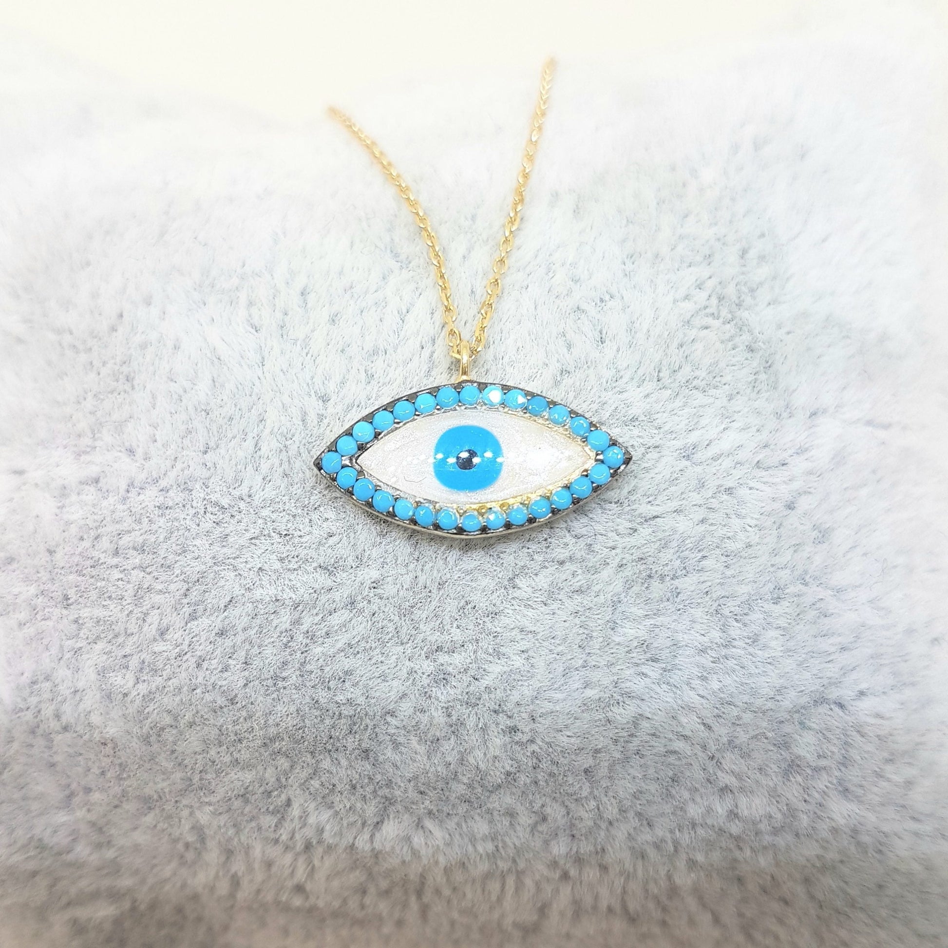14K Real Solid Gold Lucky Evil Eye with Mother of Pearl Design Charm Dainty Delicate Trendy Turkish Evil Eye Cats Eye Faith Protection Pendant Necklace for Women Nazar
