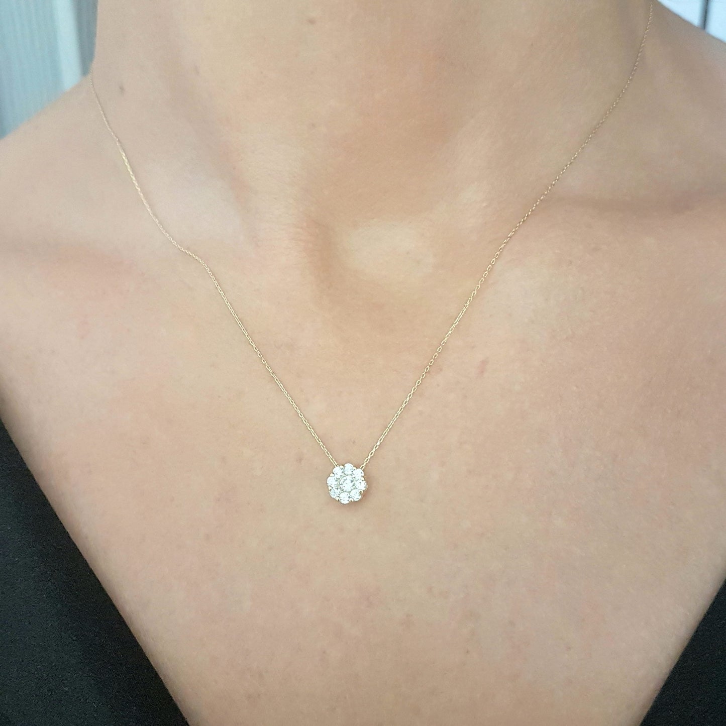 14K Gold Sun Sunflower Round Circle Disc Flower with Zirconia Stones Cute Charm Tiny Dainty Delicate Trendy Pendant Necklace best birthday gift for Women Jewelry girlfriend mom