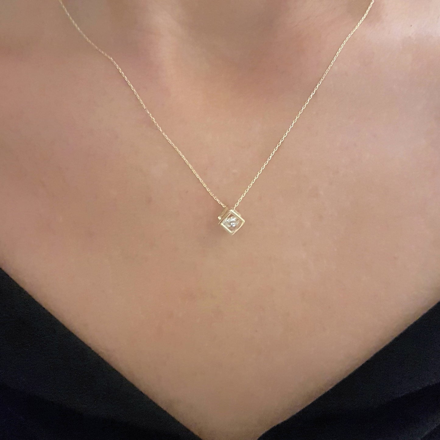 14K Real Solid Gold Square Cube Style Inside Zirconia Stone Tiny Cute Charm Dainty Delicate Trendy Pendant Necklace birthday gift for Women Jewelry girlfriend teengirls