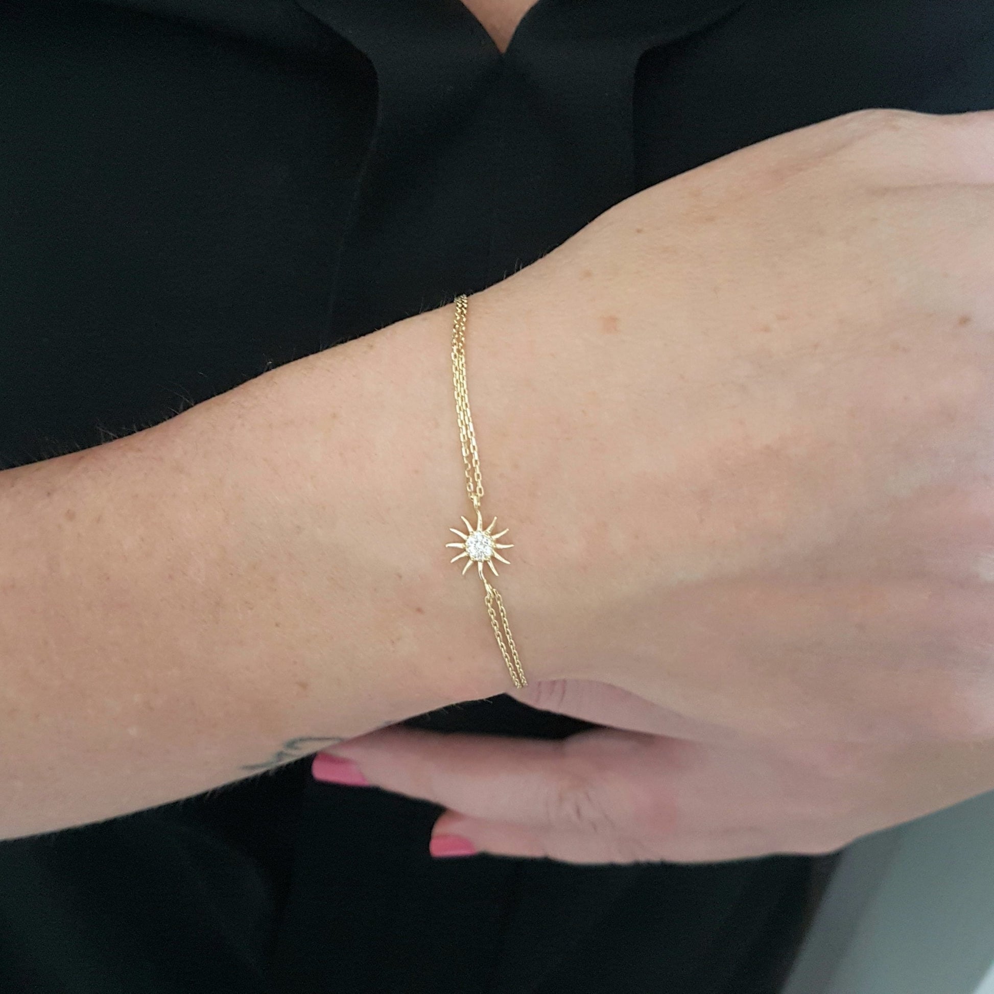 14K Real Gold Sun Shaped Decorated with Zirconia Stones Cute Dainty Delicate Charm, Initial and Trendy Bracelet The best way to say You are my sun shine for women jewelry girlfriend wife mom