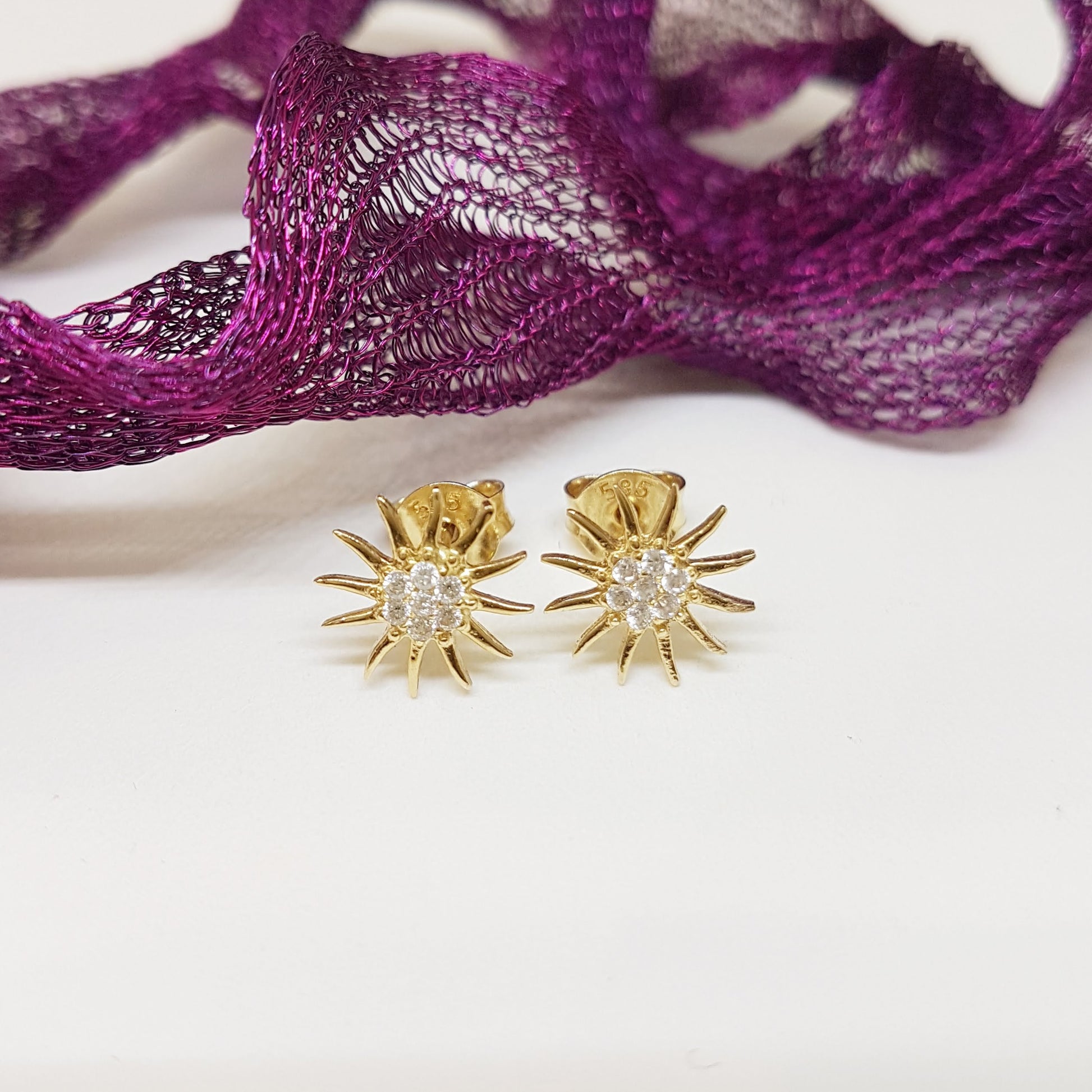 14K Gold Sun Stud Earrings Decorated with Zirconia Stones Tiny Dainty Delicate Charm Trendy The best way to say You are my sun shine for women jewelry girlfriend mom