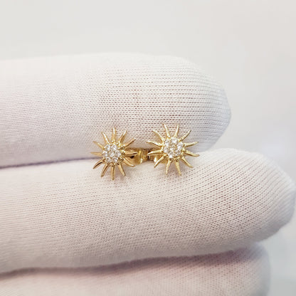 14K Gold Sun Stud Earrings Decorated with Zirconia Stones Tiny Dainty Delicate Charm Trendy The best way to say You are my sun shine for women jewelry girlfriend mom