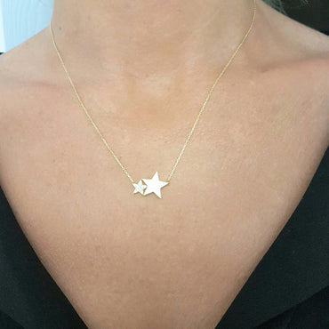 14K Gold Two Stars Design Dainty Delicate Cute Initial Charm Trendy Pendant Necklace (Choice of Gold Colors and Length) for women jewelry girlfriend mom birthday gift