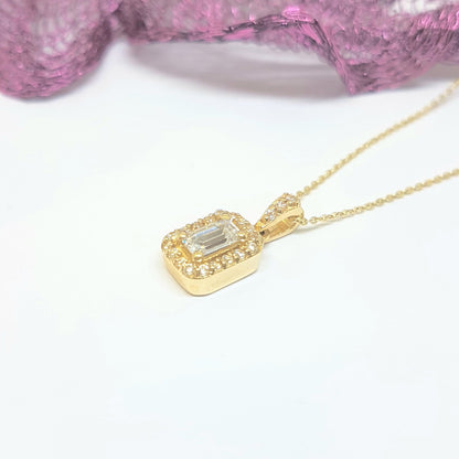 14K Real Gold Baguette Pendant Necklace with Halo Round Stones Cute Dainty Charm Delicate Trendy Best Birthday Gift for Women Jewelry Girlfriend Mother