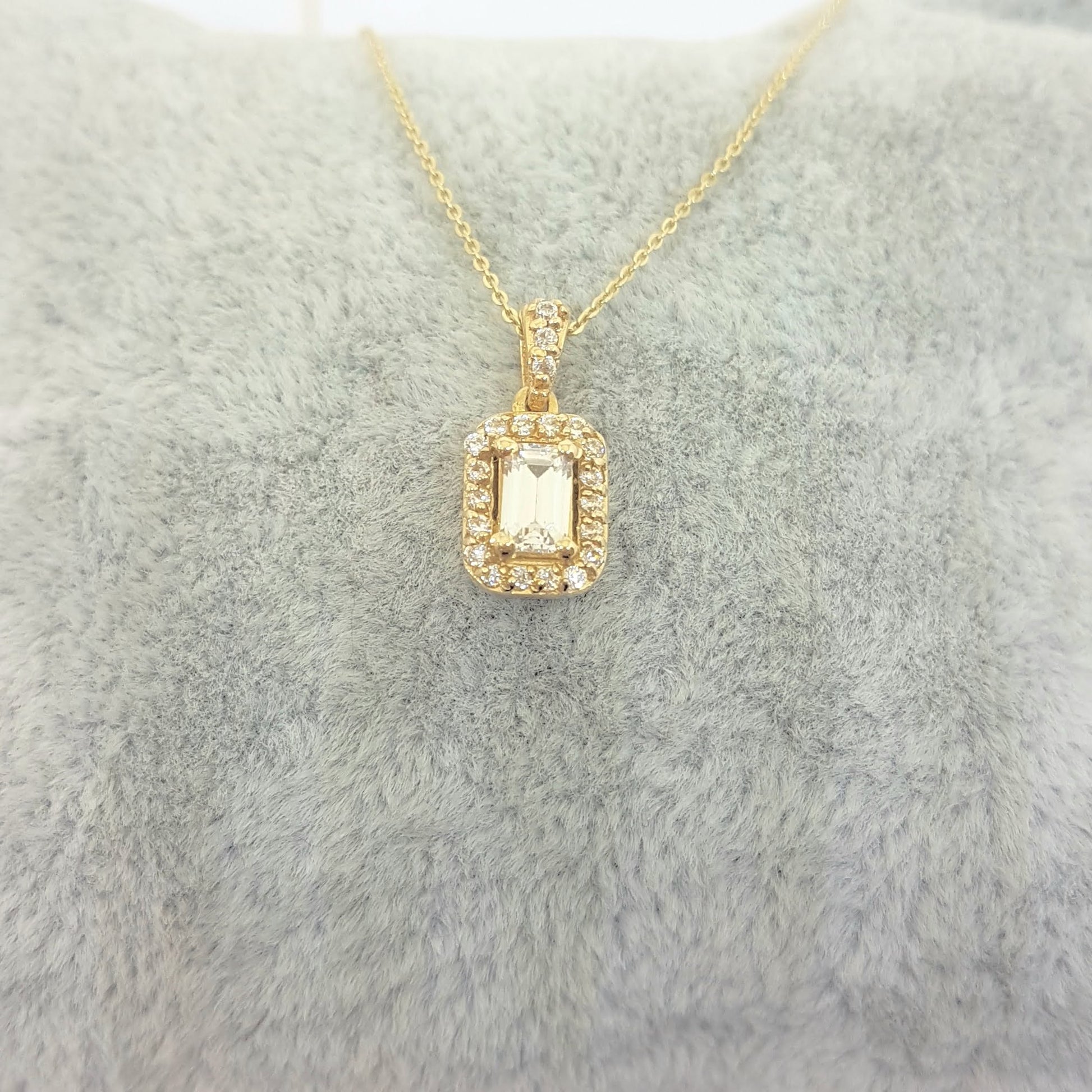 14K Real Gold Baguette Pendant Necklace with Halo Round Stones Cute Dainty Charm Delicate Trendy Best Birthday Gift for Women Jewelry Girlfriend Mother