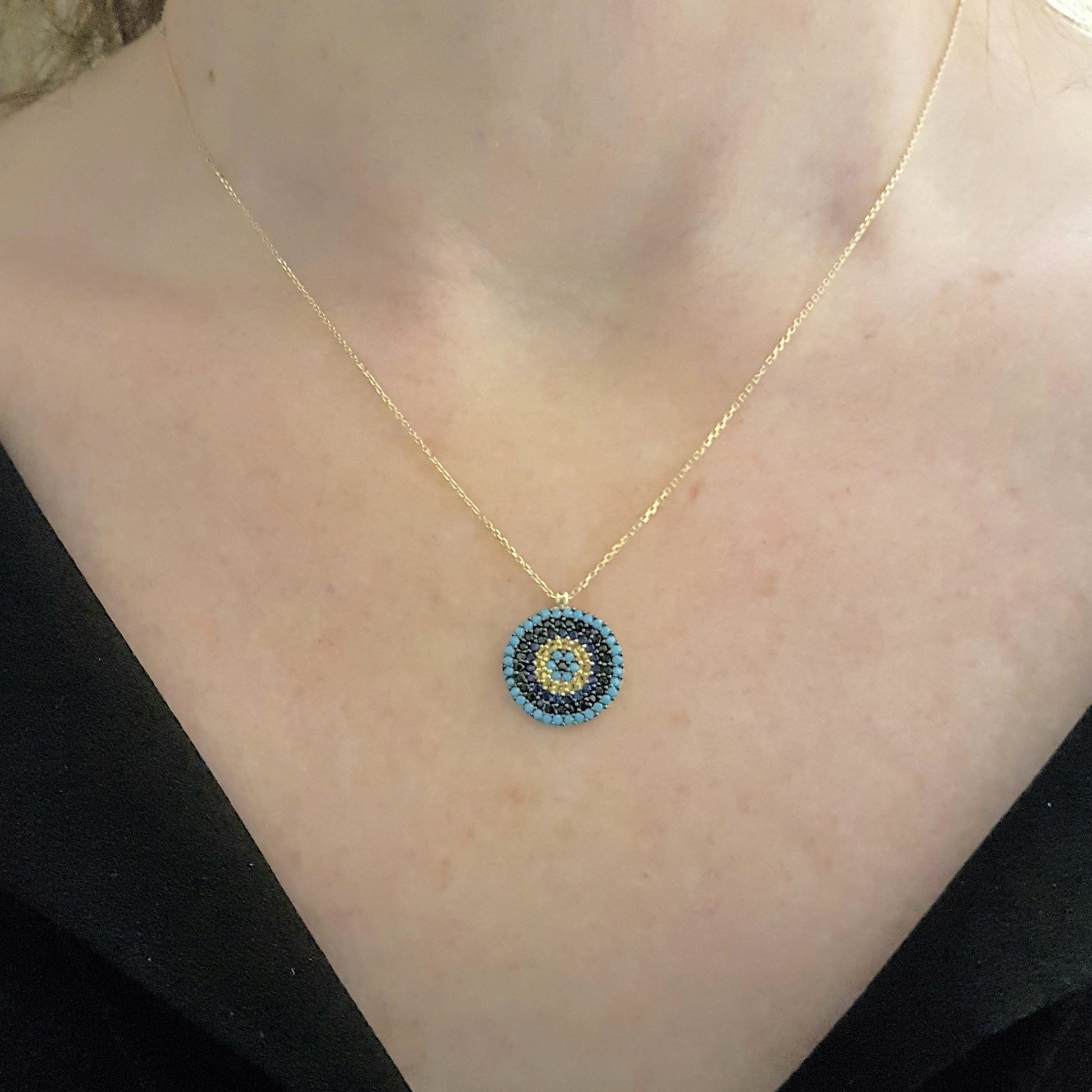14K Real Gold Round Circle Evil Eye Design with Zirconia Stones Charm Dainty Elegant Pendant Necklace for Women jewelry turquoise black yellow navy blue