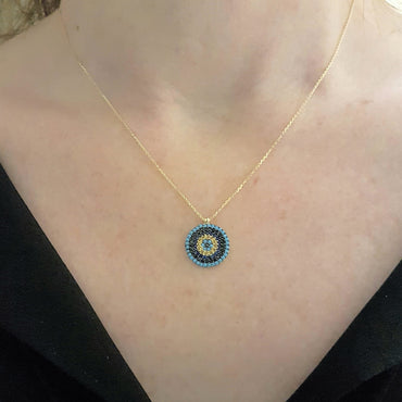14K Real Gold Round Circle Evil Eye Design with Zirconia Stones Charm Dainty Elegant Pendant Necklace for Women jewelry turquoise black yellow navy blue