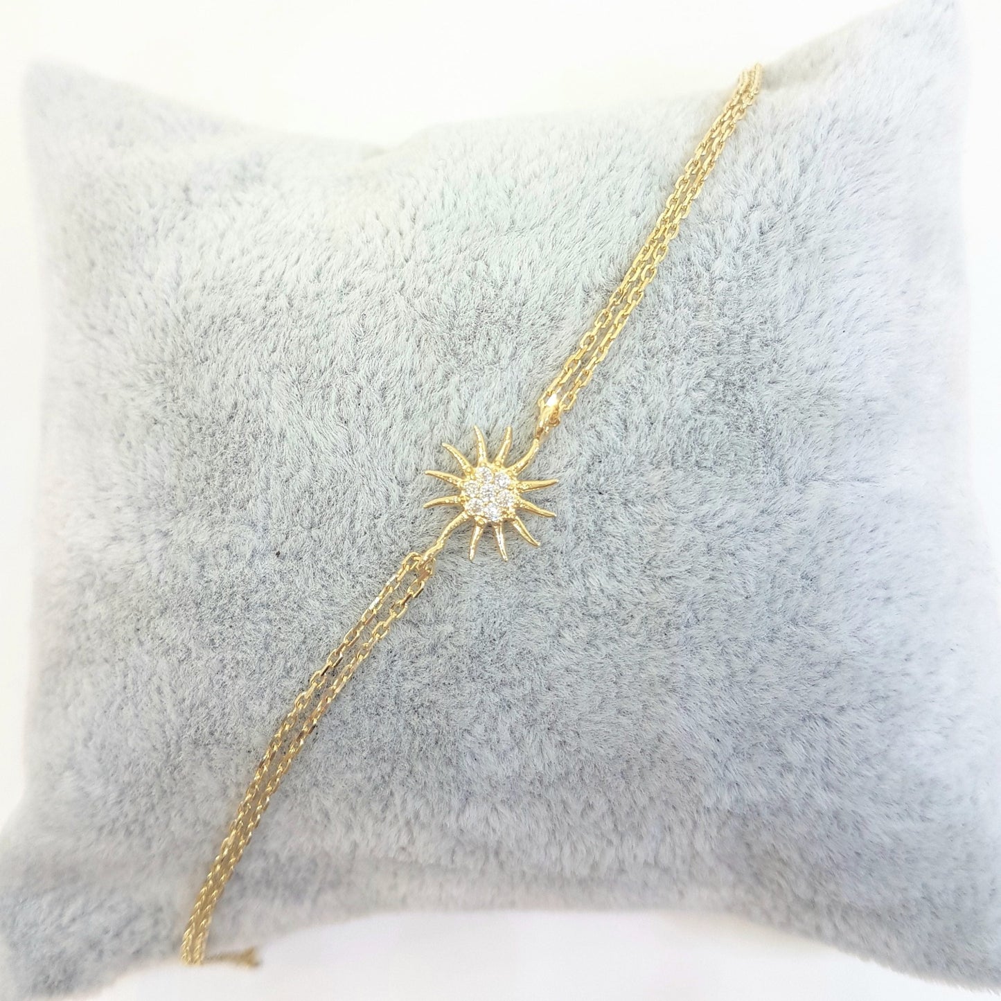 14K Real Gold Sun Shaped Decorated with Zirconia Stones Cute Dainty Delicate Charm, Initial and Trendy Bracelet The best way to say You are my sun shine for women jewelry girlfriend wife mom