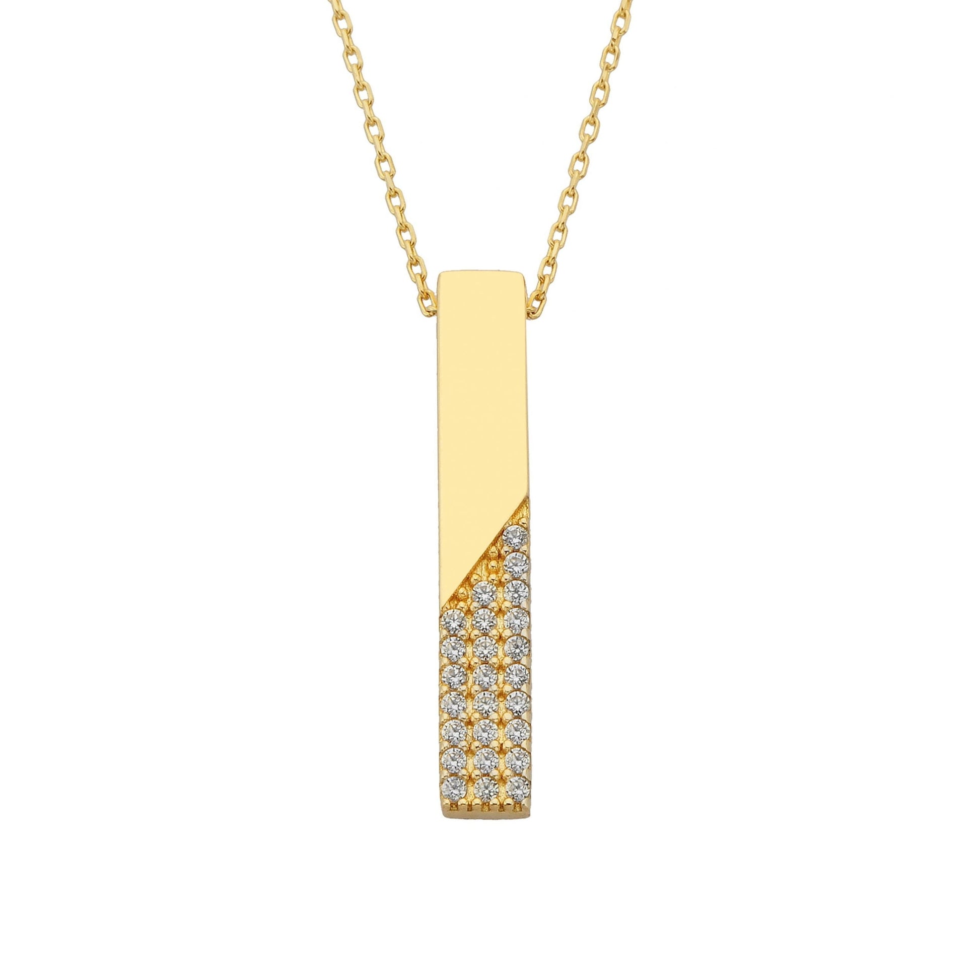 14K Real Gold Vertical Bar Half Decorated Cubic Zirconia Dainty Charm Y Chain Pendant Necklace for Women