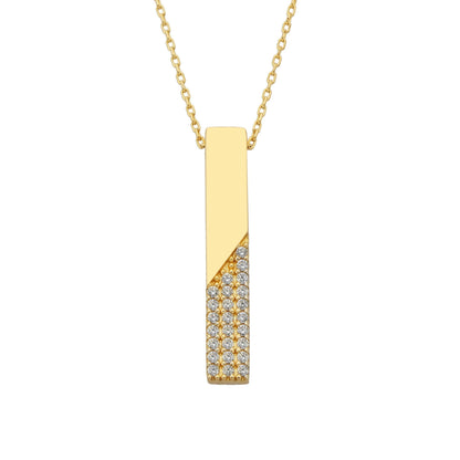 14K Real Gold Vertical Bar Half Decorated Cubic Zirconia Dainty Charm Y Chain Pendant Necklace for Women